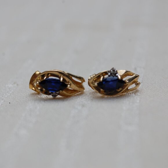 Blue Sapphire and Diamond 10k Gold Earrings - Picture 12 of 15